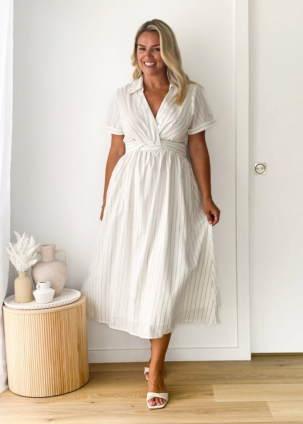 Santana Midi Dress - White Pinstripe