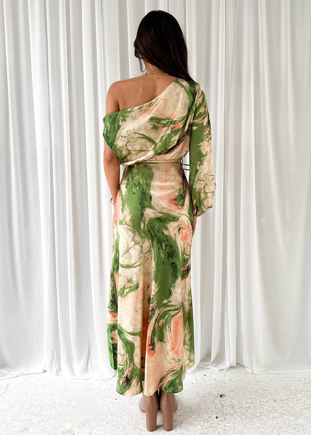 Elanor One Shoulder Midi Dress - Green Splash