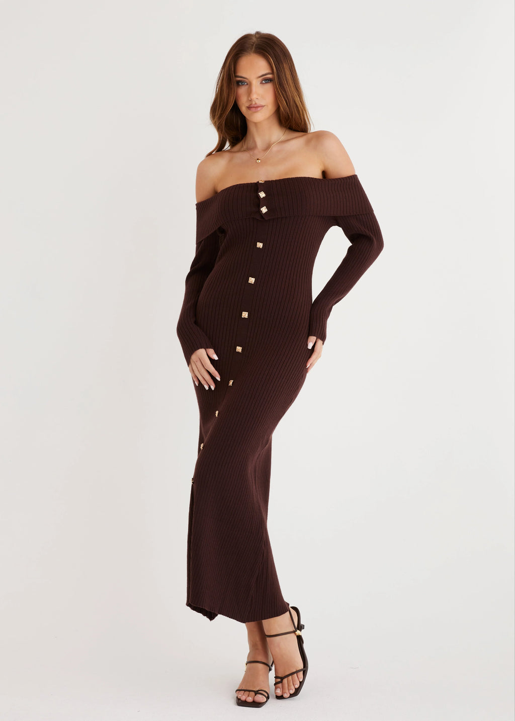 Aloe Off Shoulder Knit Maxi Dress - Chocolate