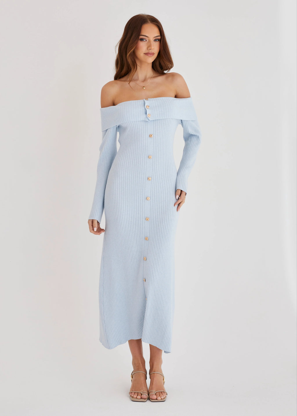 Aloe Off Shoulder Knit Maxi Dress - Powder Blue