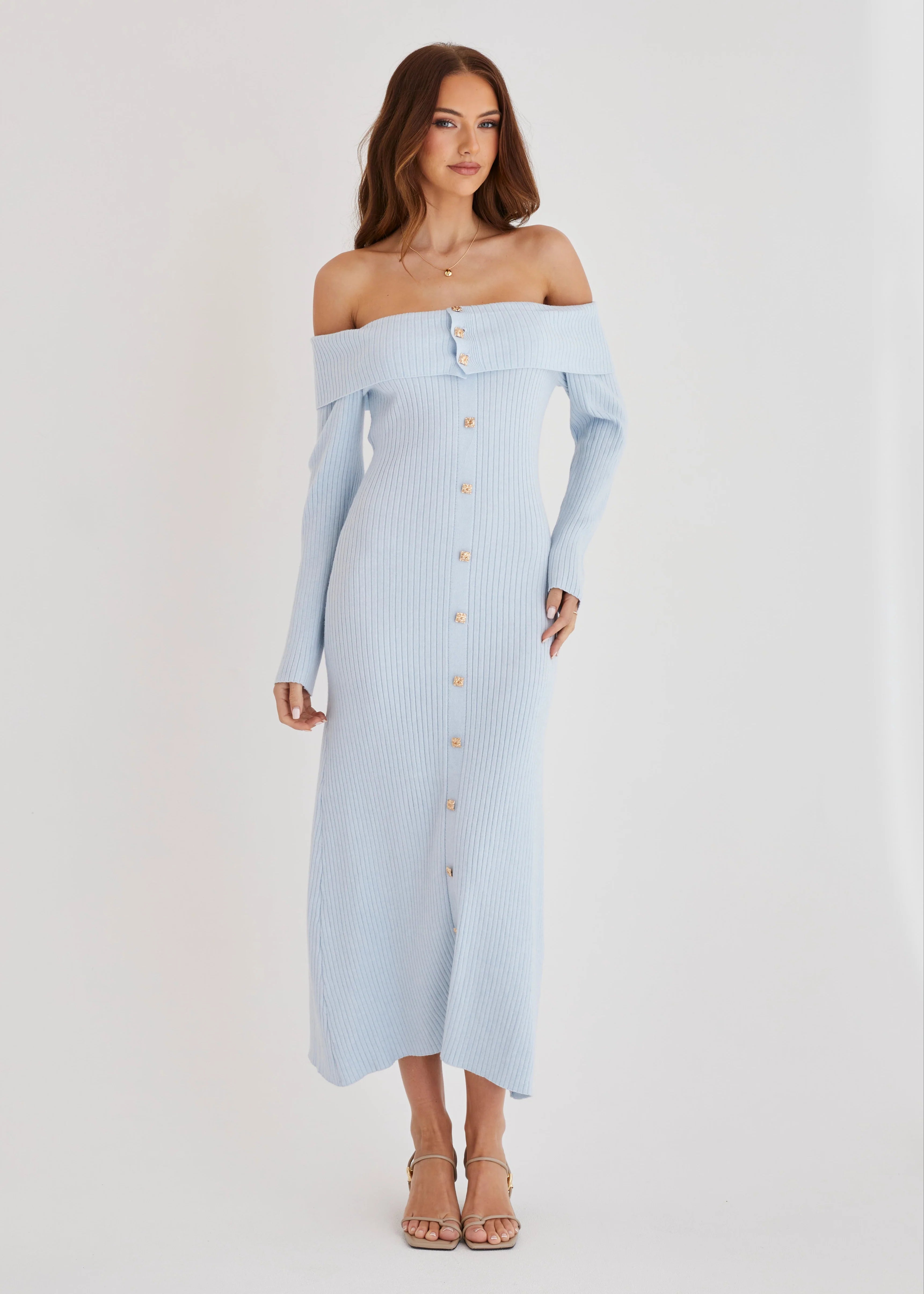Aloe Off Shoulder Knit Maxi Dress - Powder Blue