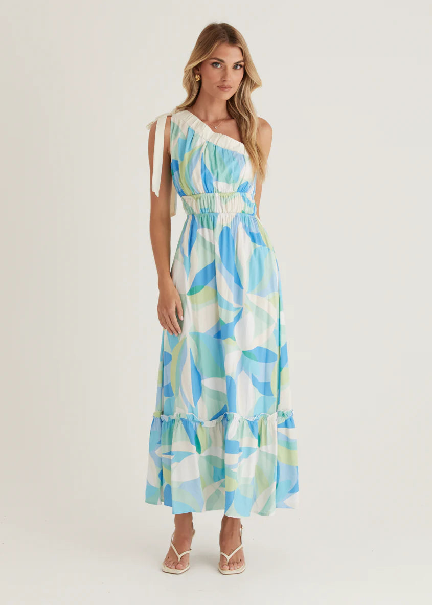 Rainfall One Shoulder Maxi Dress - Blue Abstract