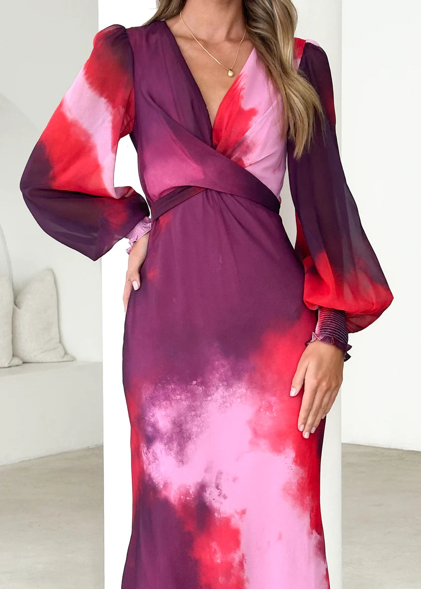 Camellia Midi Dress - Plum Tie Dye