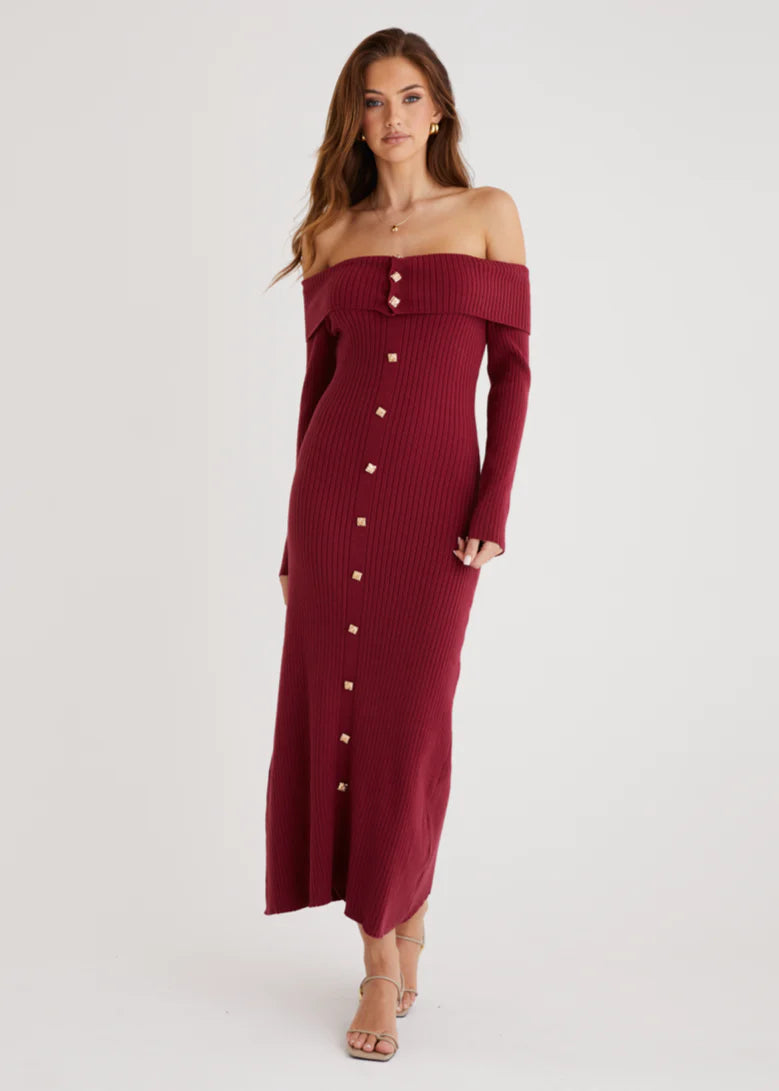 Aloe Off Shoulder Knit Maxi Dress - Wine