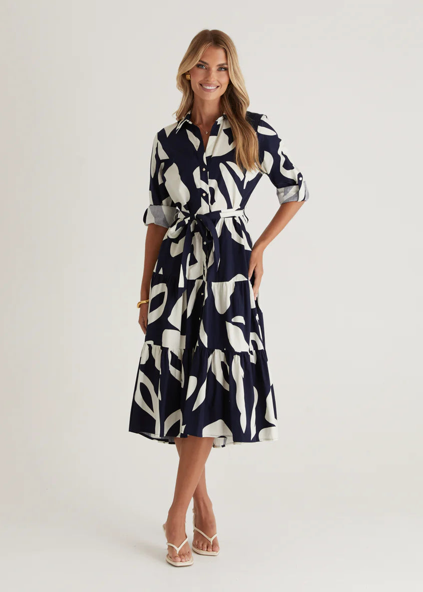 Maybelle Midi Dress - Navy Leaf