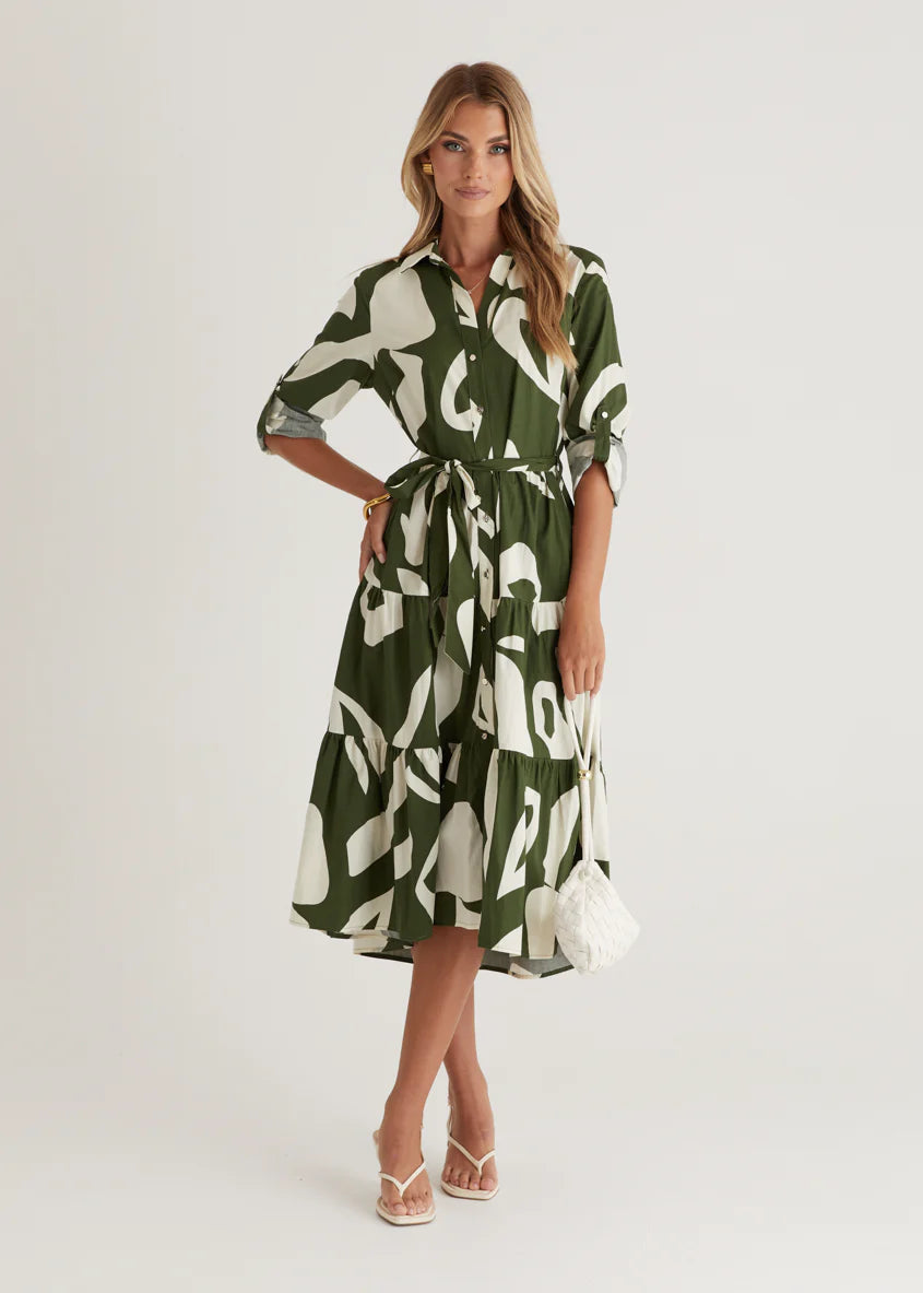 Maybelle Midi Dress - Khaki Leaf