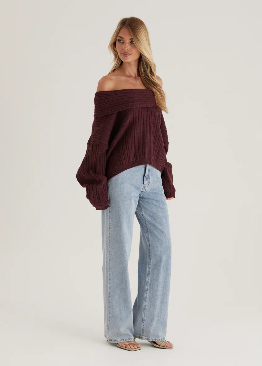 Shiloh Off Shoulder Sweater - Wine