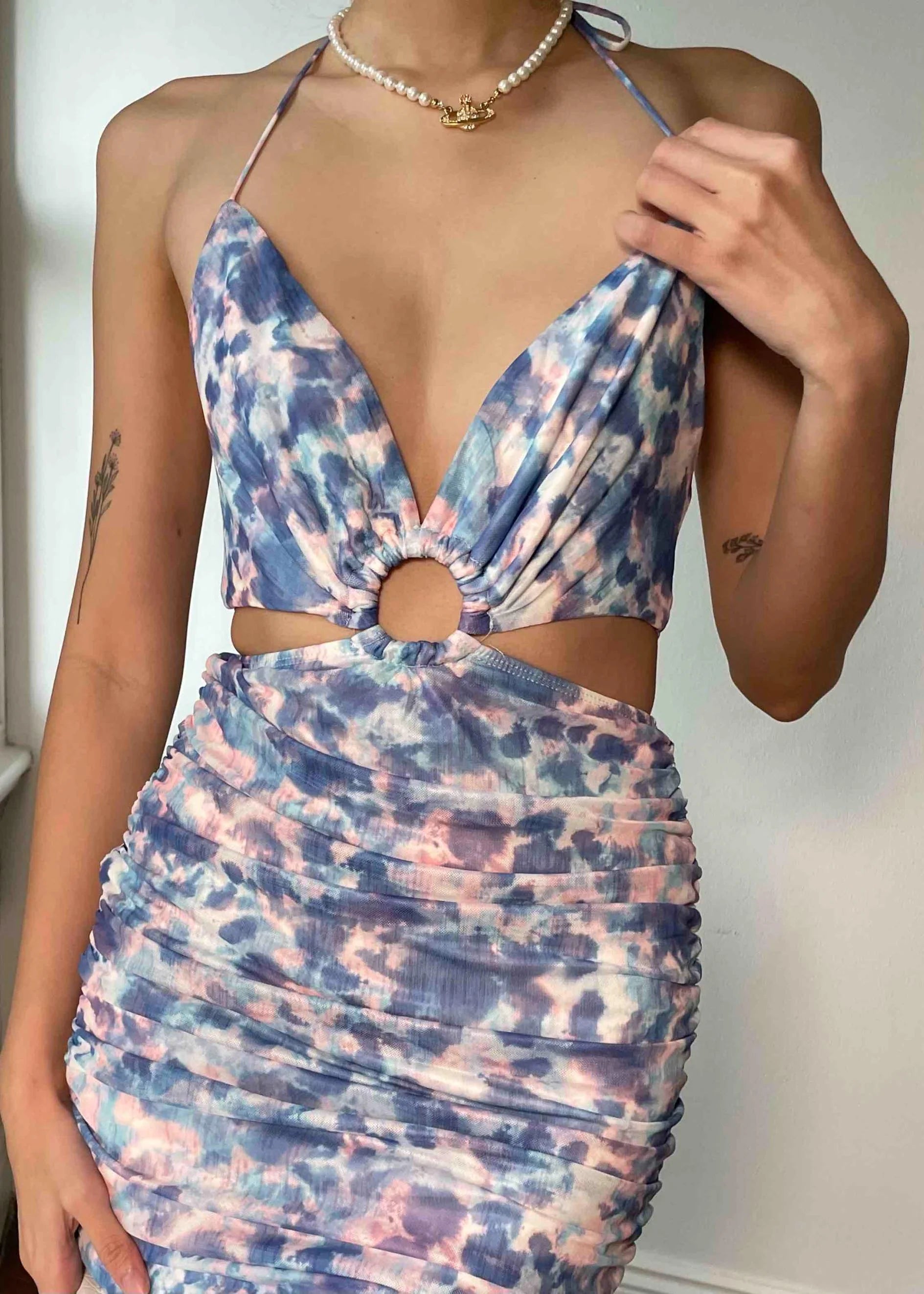 Soho Girl Cut Out Dress - Blue Watercolour