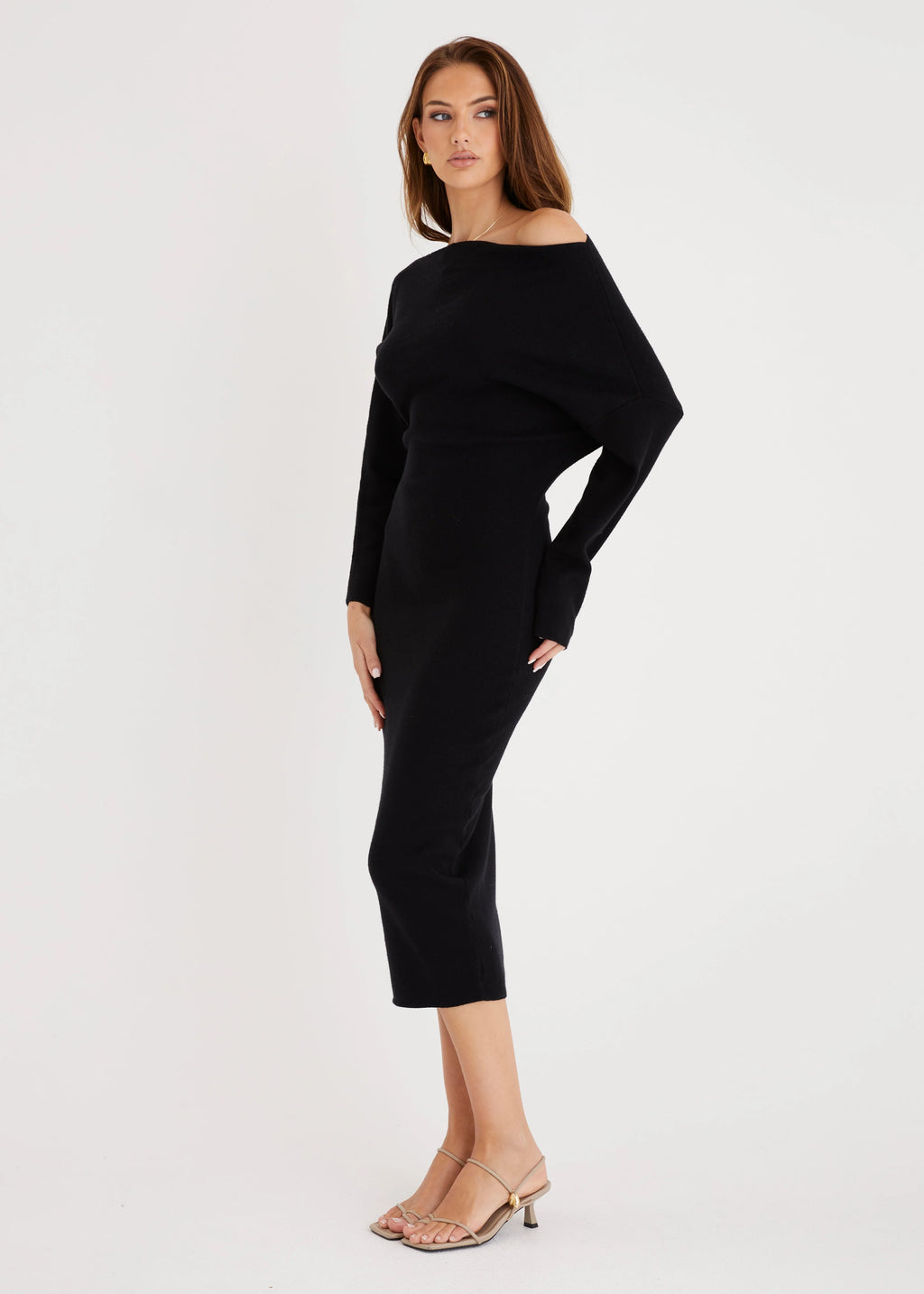 Milena Drop Shoulder Knit Midi Dress - Black