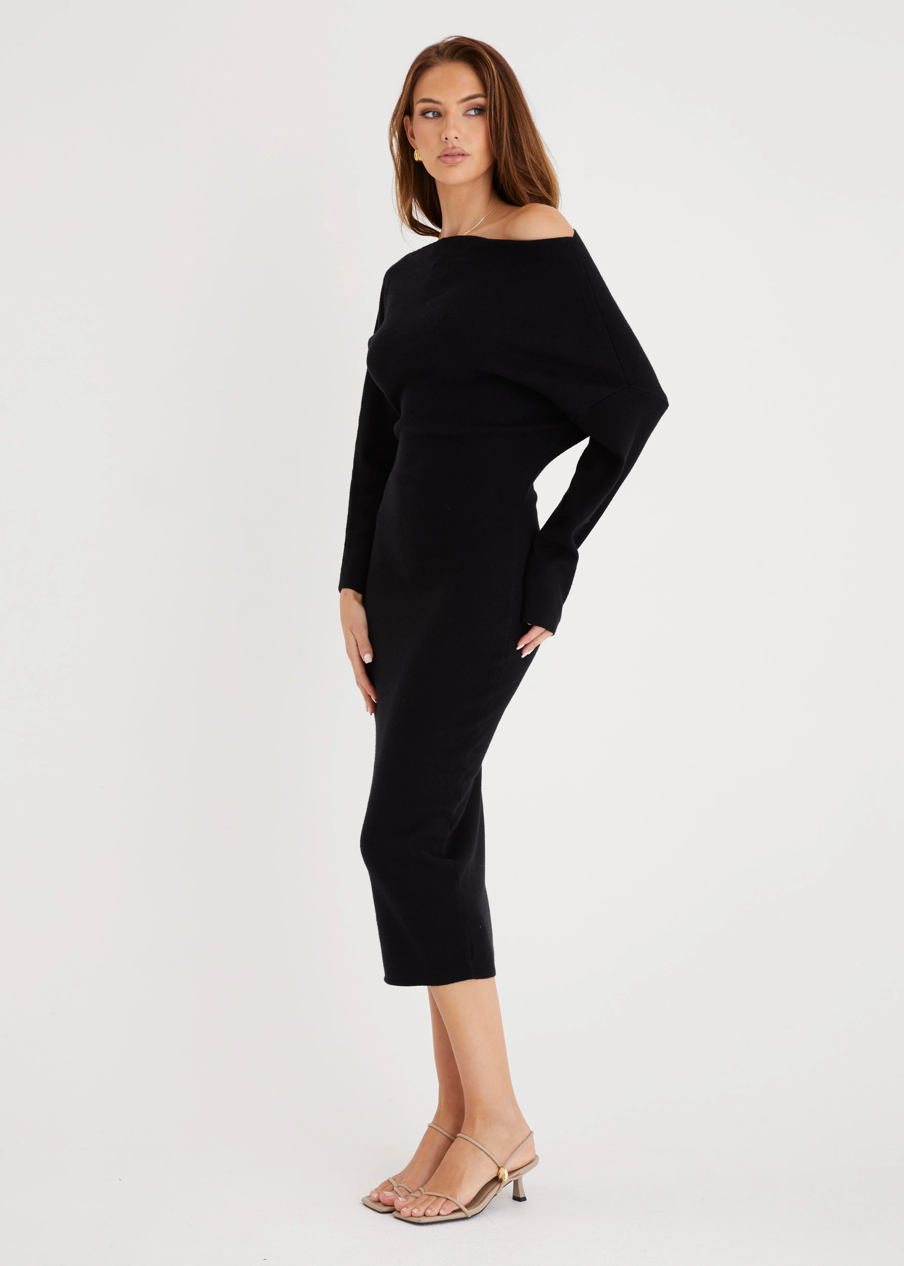 Milena Drop Shoulder Knit Midi Dress - Black