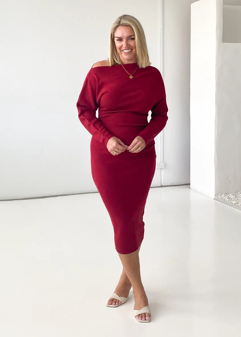 Milena Drop Shoulder Knit Midi Dress - Wine