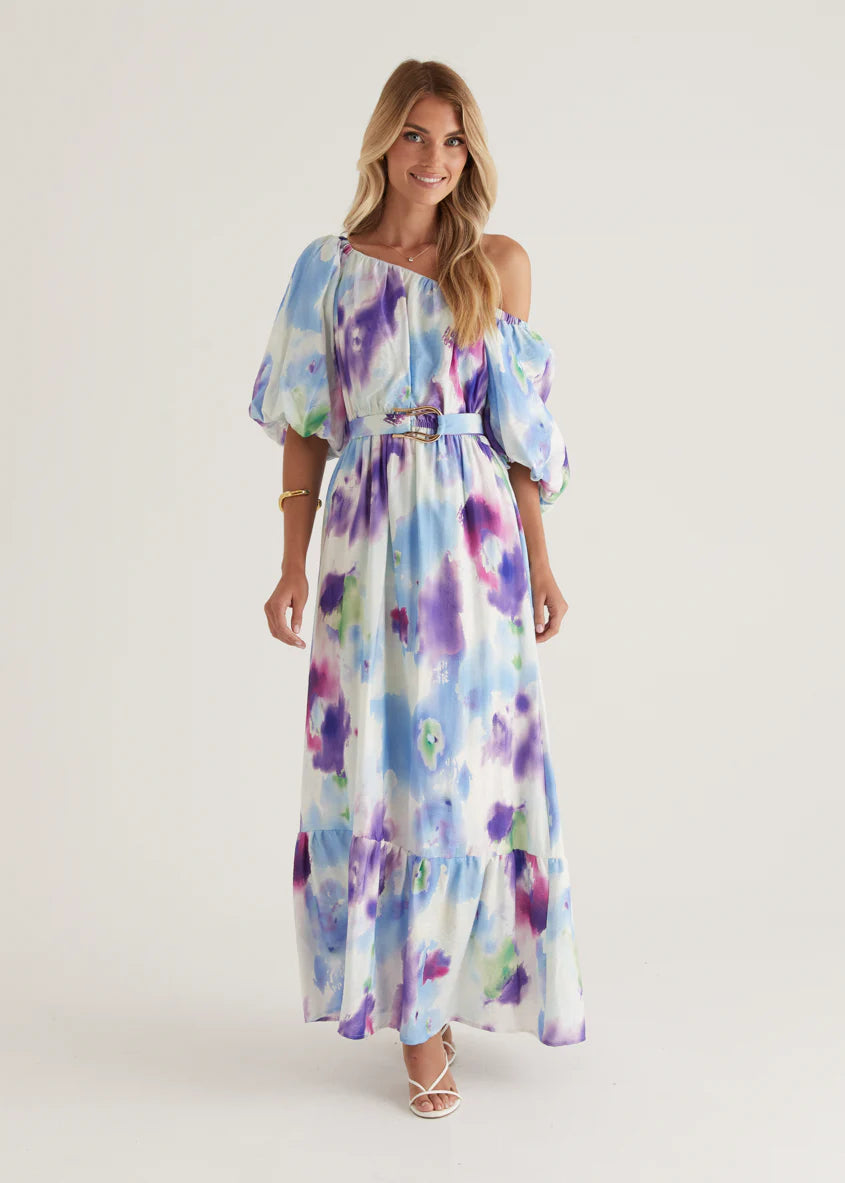 Halia Off Shoulder Midi Dress - Violet Watercolour
