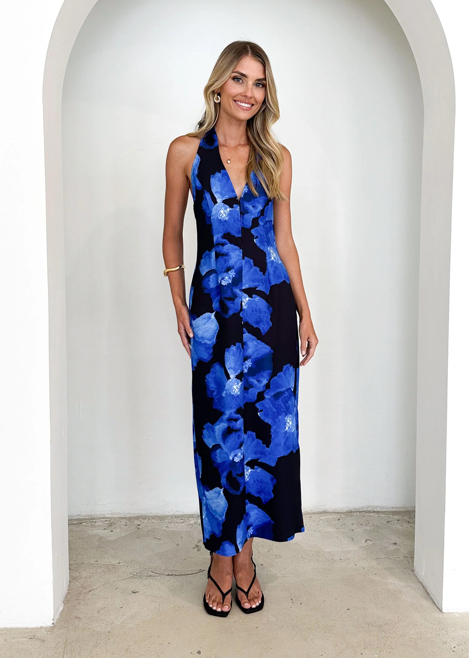 Tibetan Halter Maxi Dress - Blue Floral
