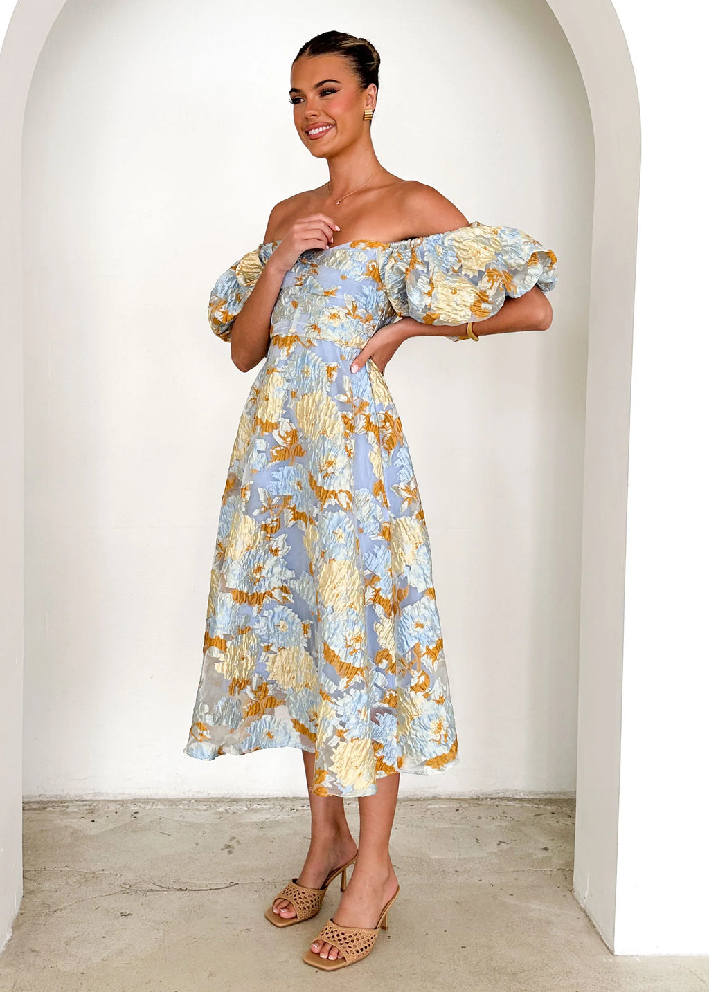 Tulliah Off Shoulder Midi Dress - Blue Jacquard