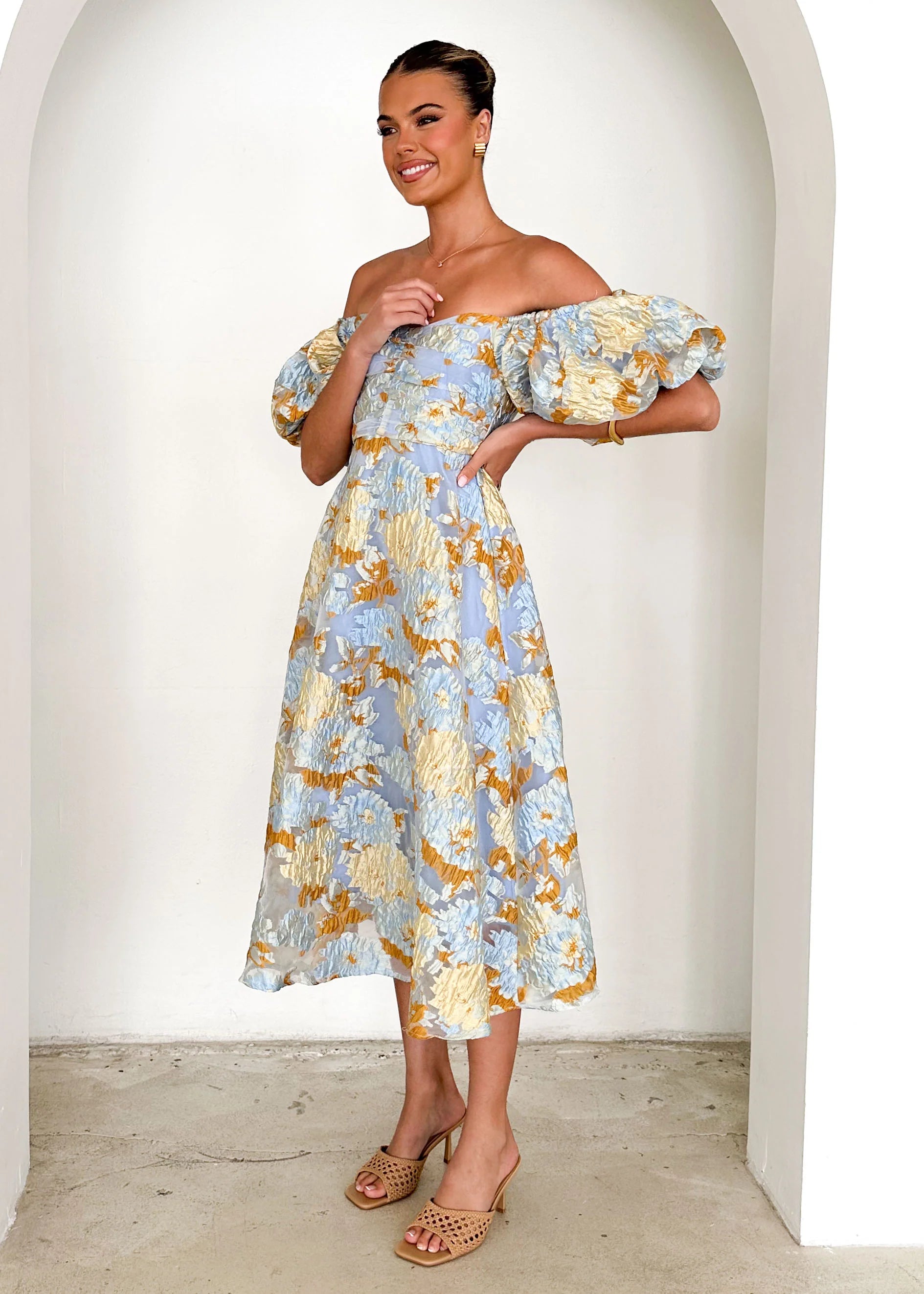Tulliah Off Shoulder Midi Dress - Blue Jacquard
