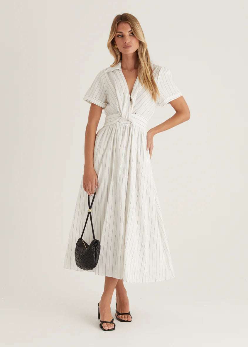 Santana Midi Dress - White Pinstripe