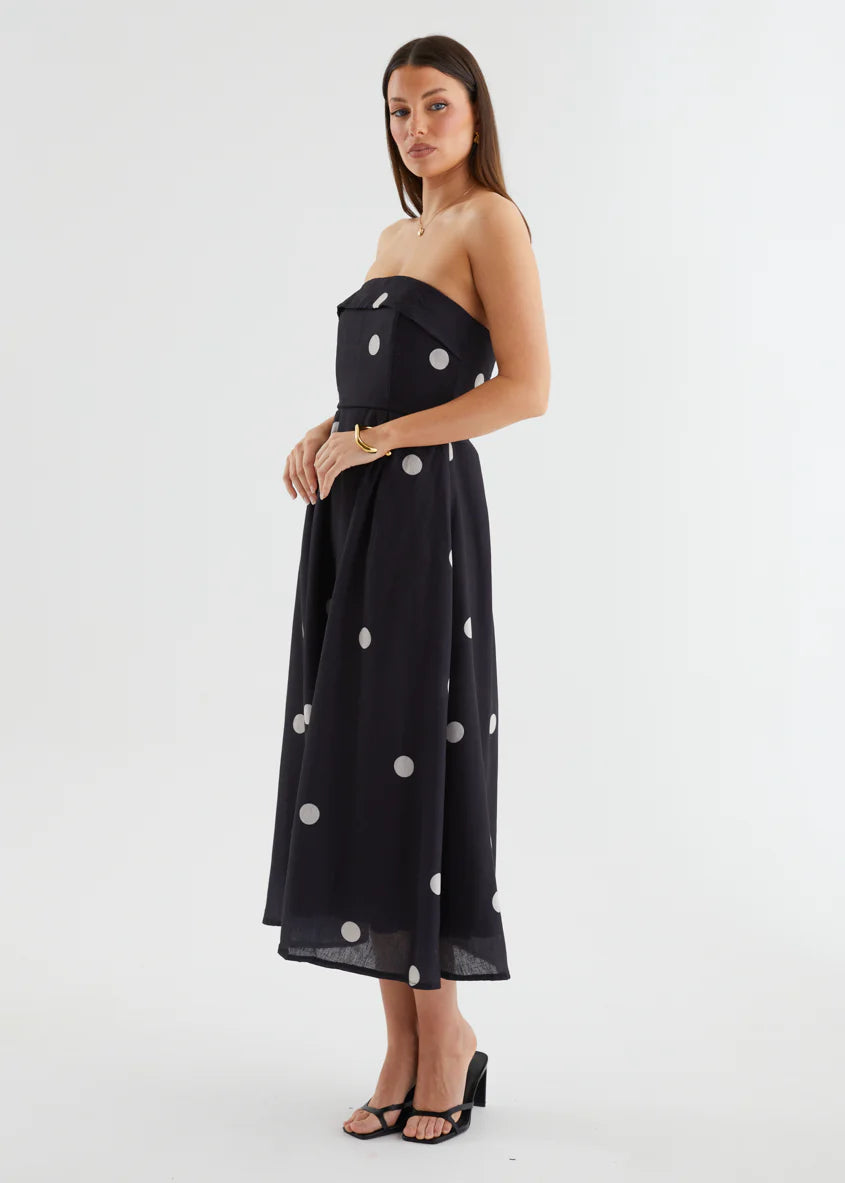 Charlee Strapless Midi Dress - Black Polka