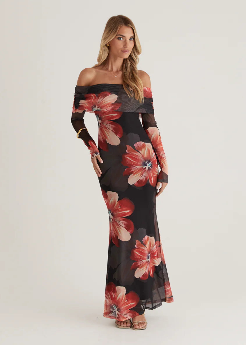 Sienna Mesh Off Shoulder Maxi Dress - Red Floral