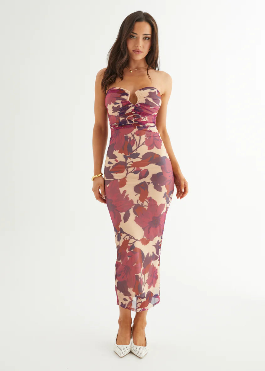 May Strapless Mesh Midi Dress - Mulberry Floral
