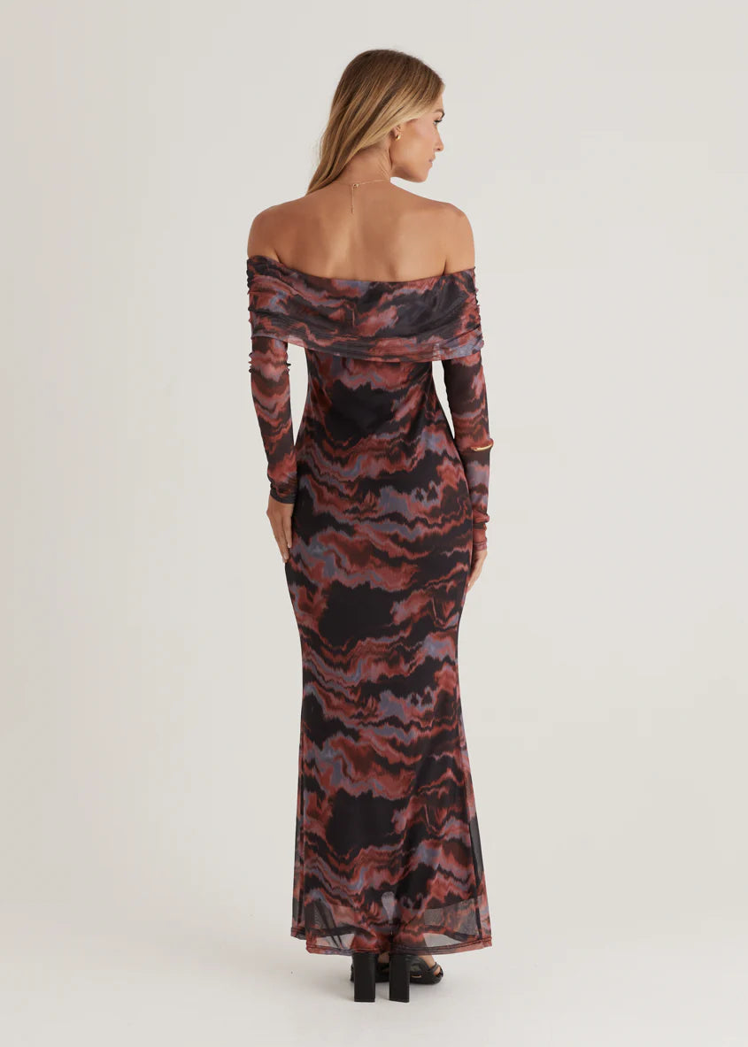 Sienna Mesh Off Shoulder Maxi Dress - Black Tie Dye