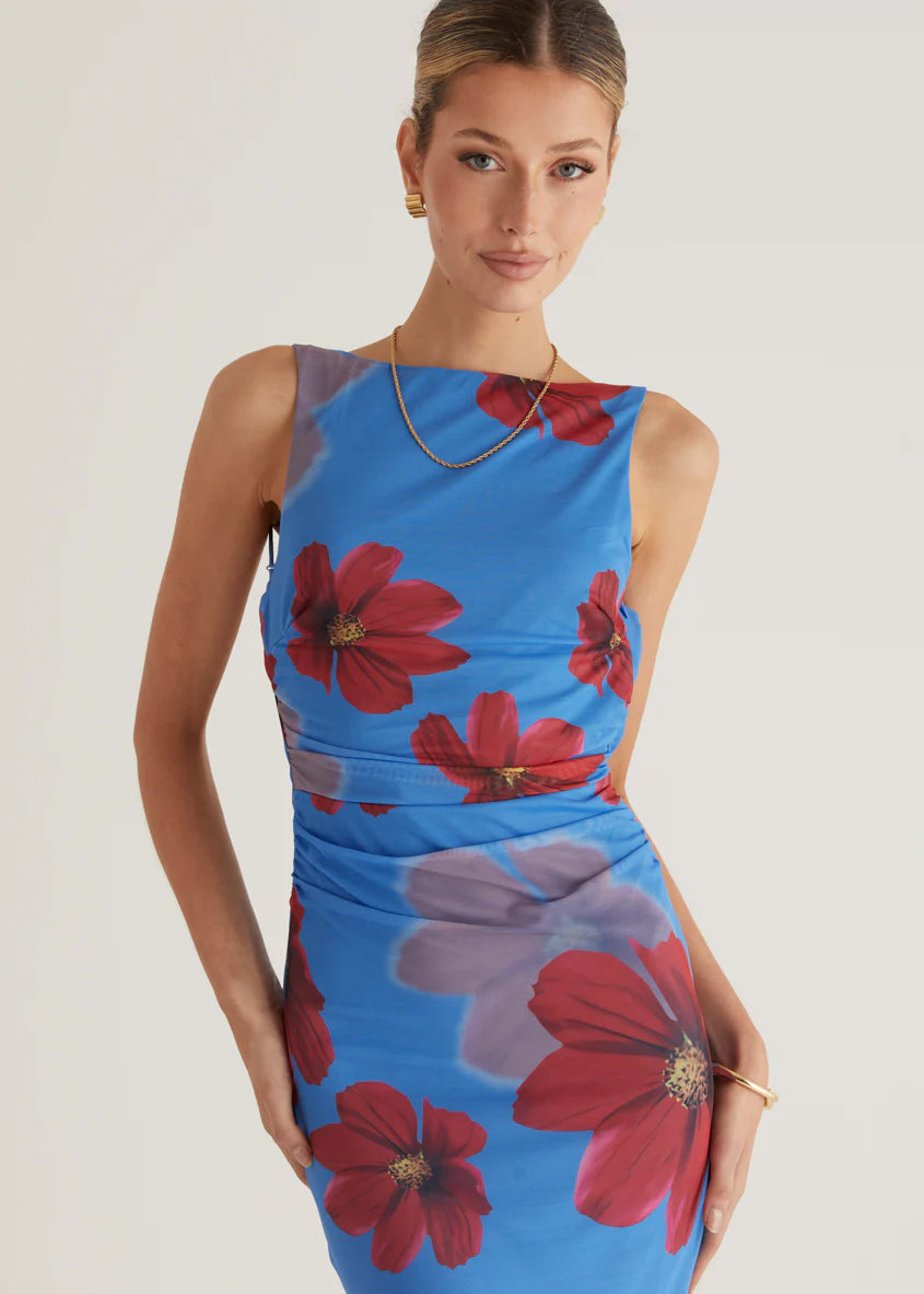 Rivka Mesh Maxi Dress - Blue Floral