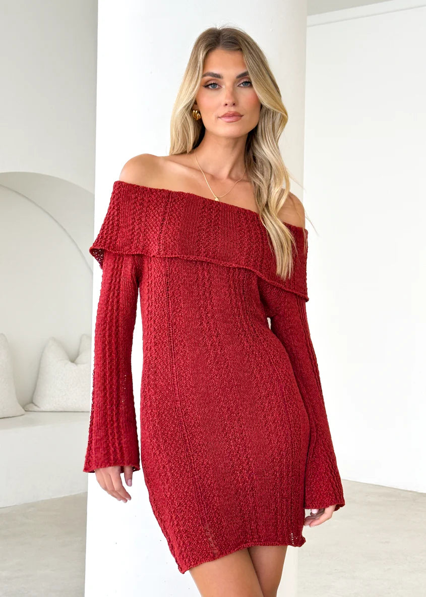 Luna Off Shoulder Knit Dress - Maroon