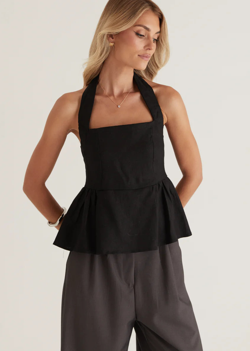 Lilou Halter Linen Top - Black