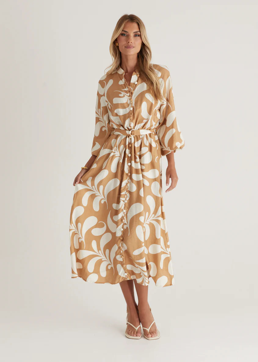 Shylah Midi Dress - Camel Swirl