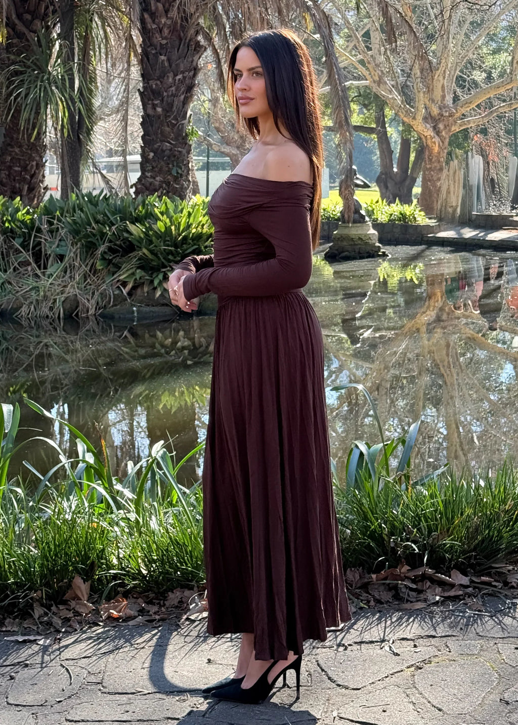 Aluna Off Shoulder Maxi Dress - Chocolate