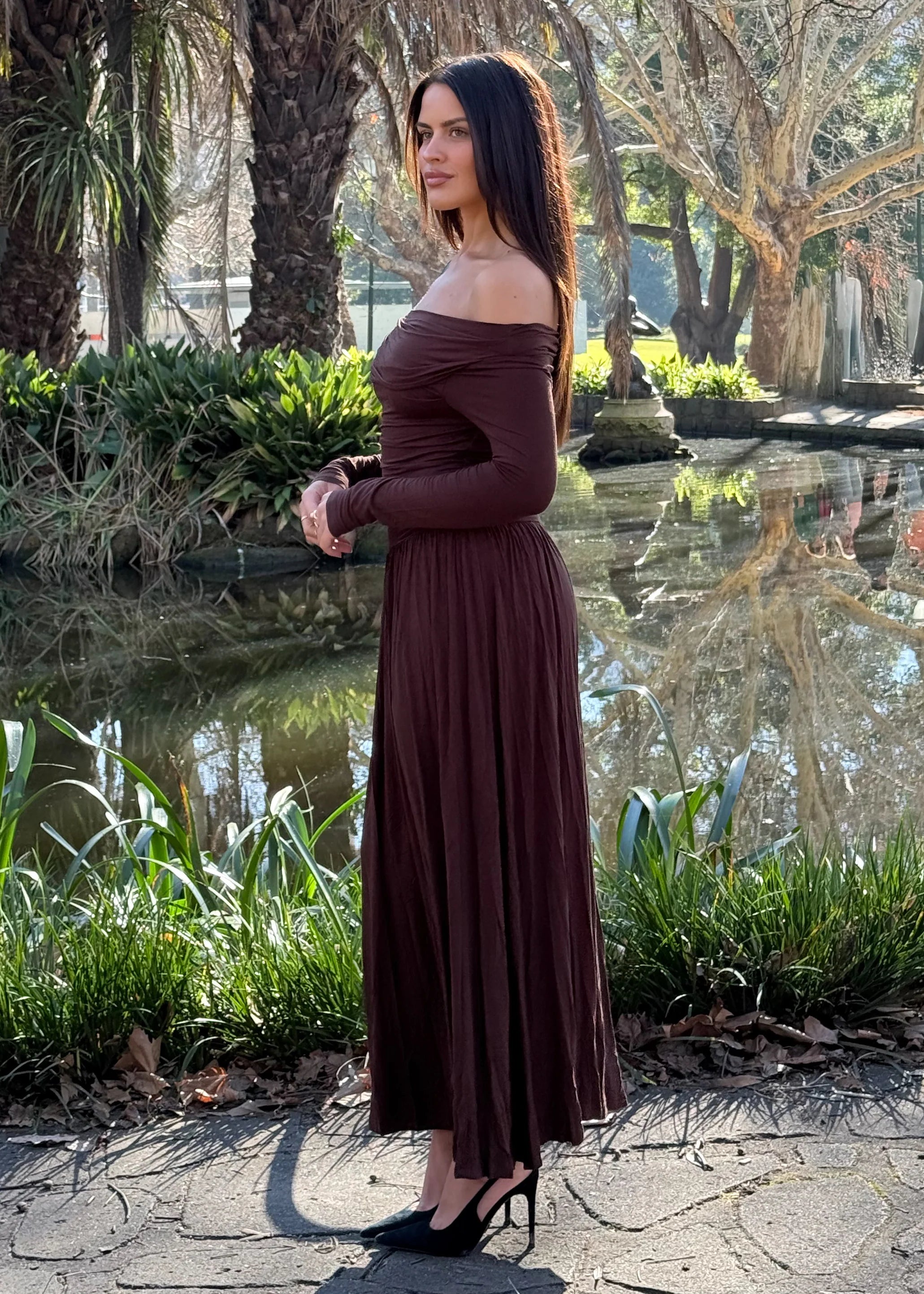 Aluna Off Shoulder Maxi Dress - Chocolate