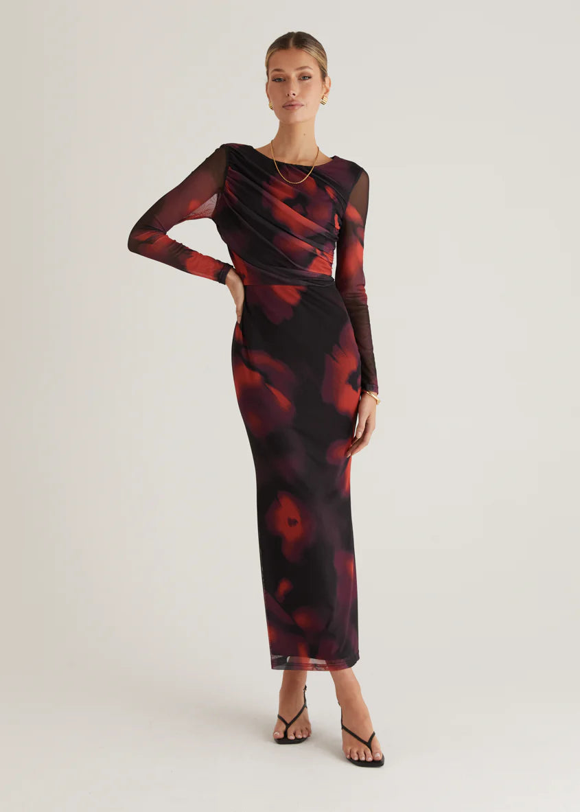 Ashville Mesh Maxi Dress - Black Watercolour