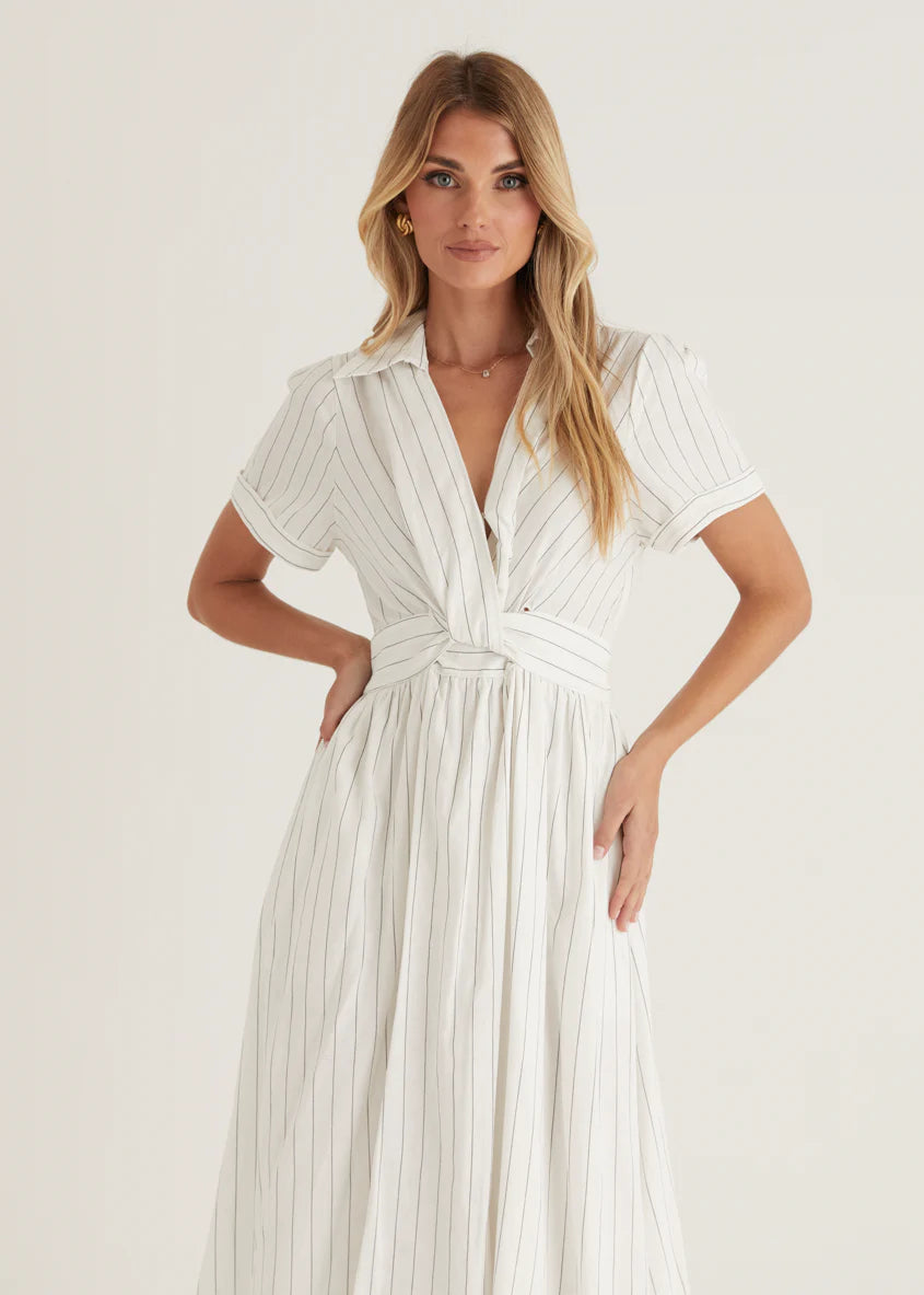 Santana Midi Dress - White Pinstripe