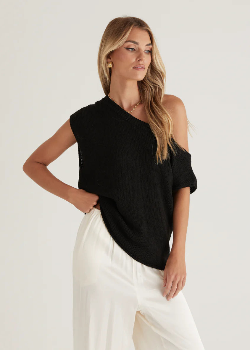 Casoni One Shoulder Knit Top - Black