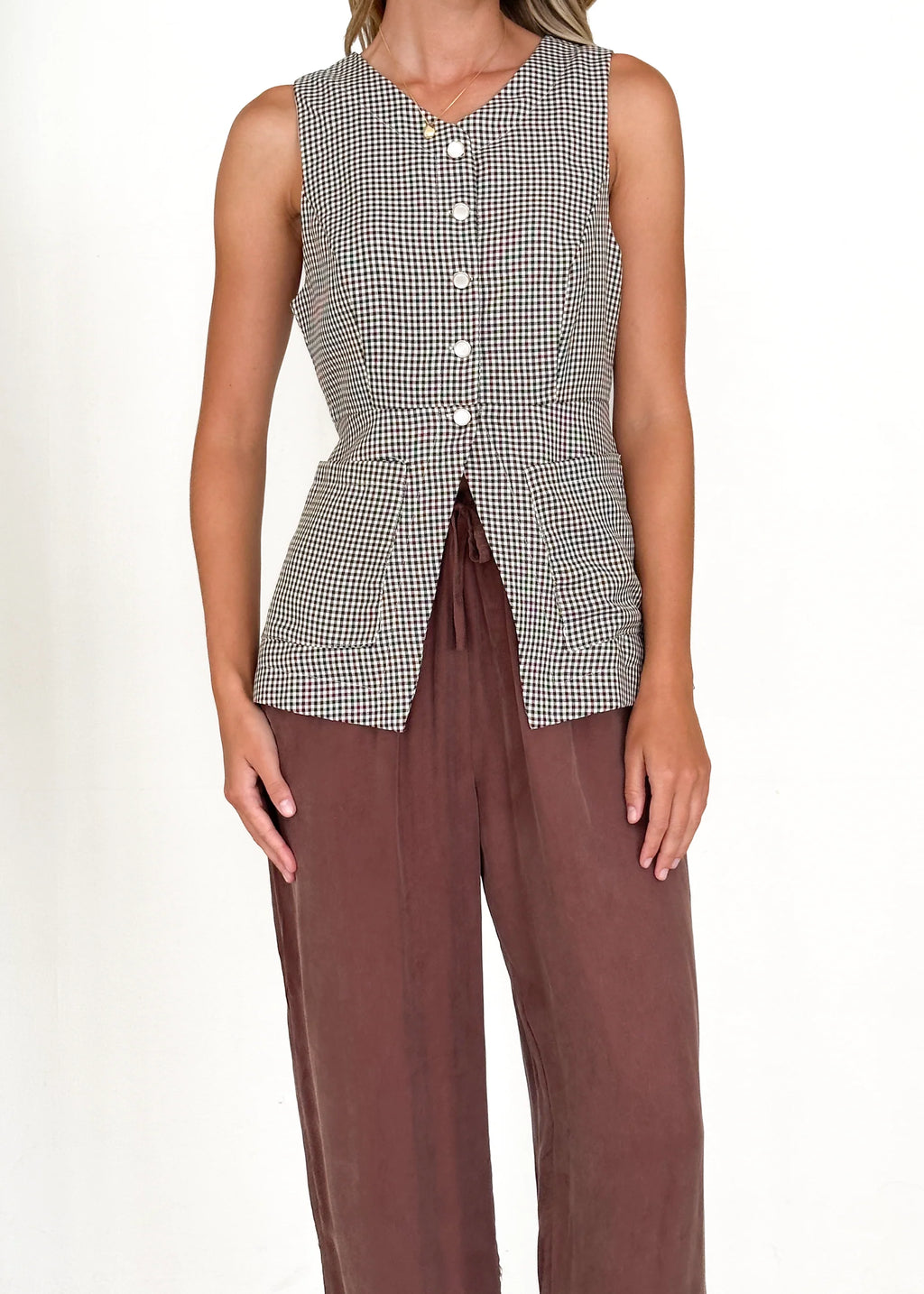 Zurich Vest Top - Brown Check