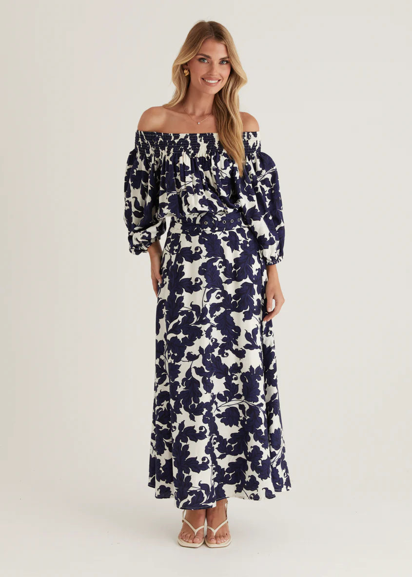 Talu Off Shoulder Midi Dress - Navy Paisley