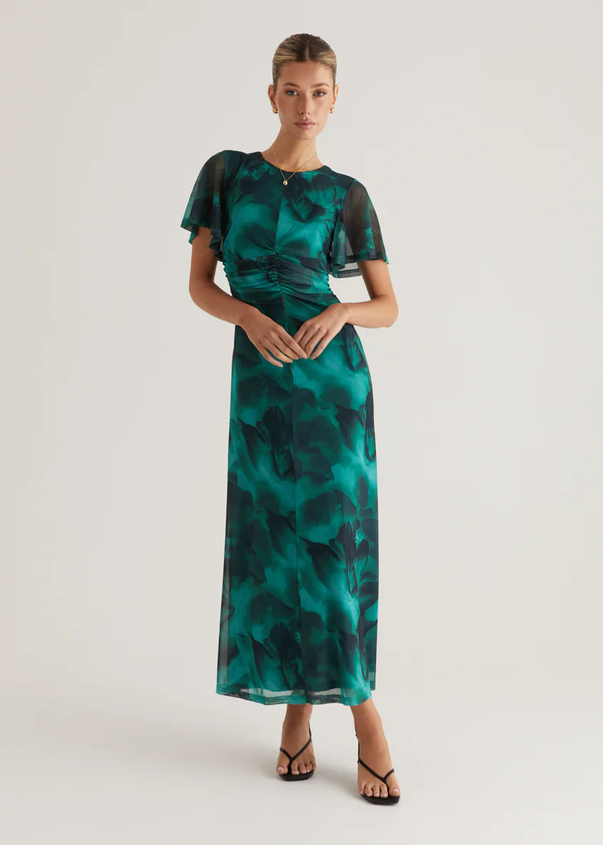 Ricki Mesh Midi Dress - Emerald Watercolour