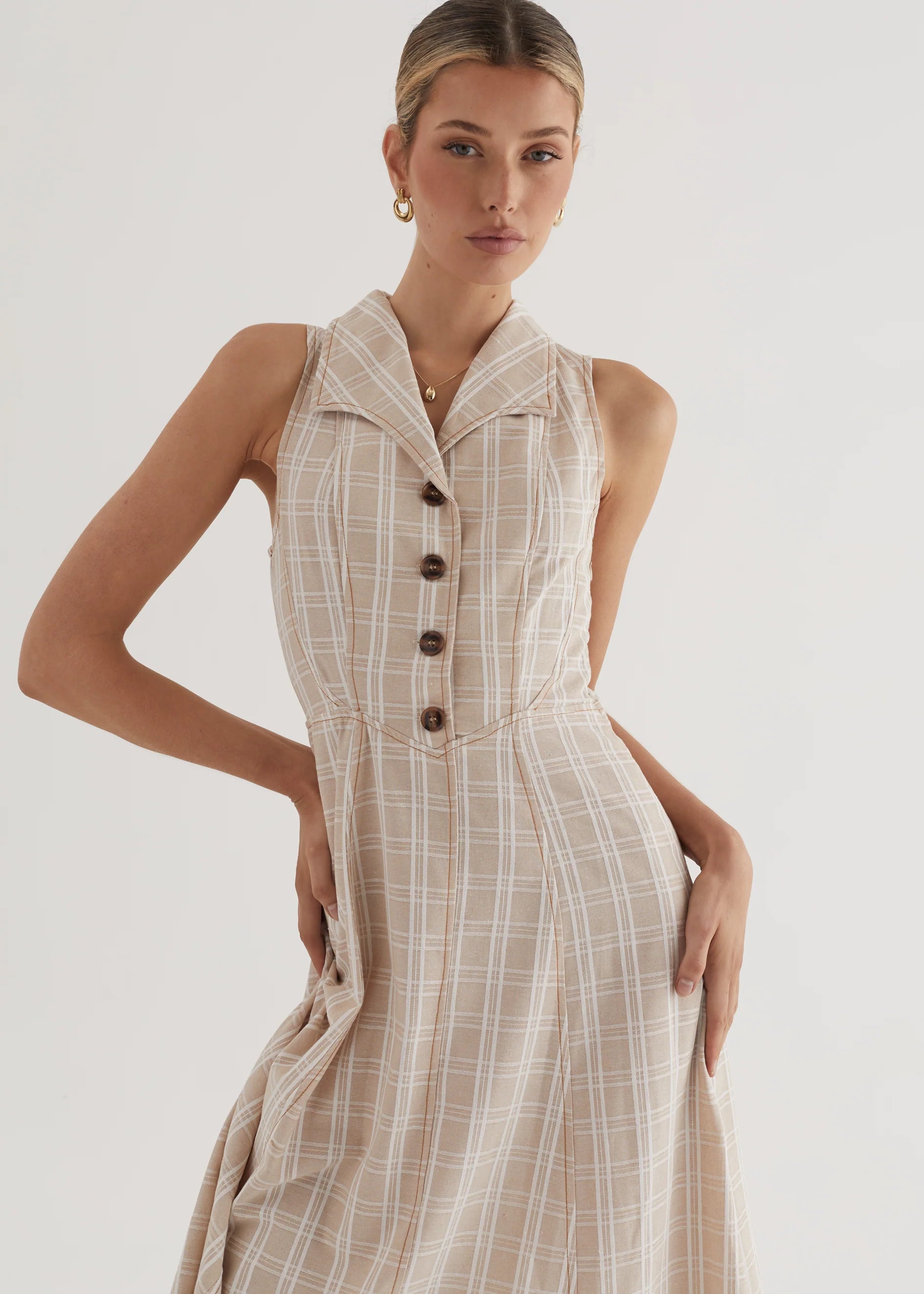 Annie Midi Dress - Beige Check