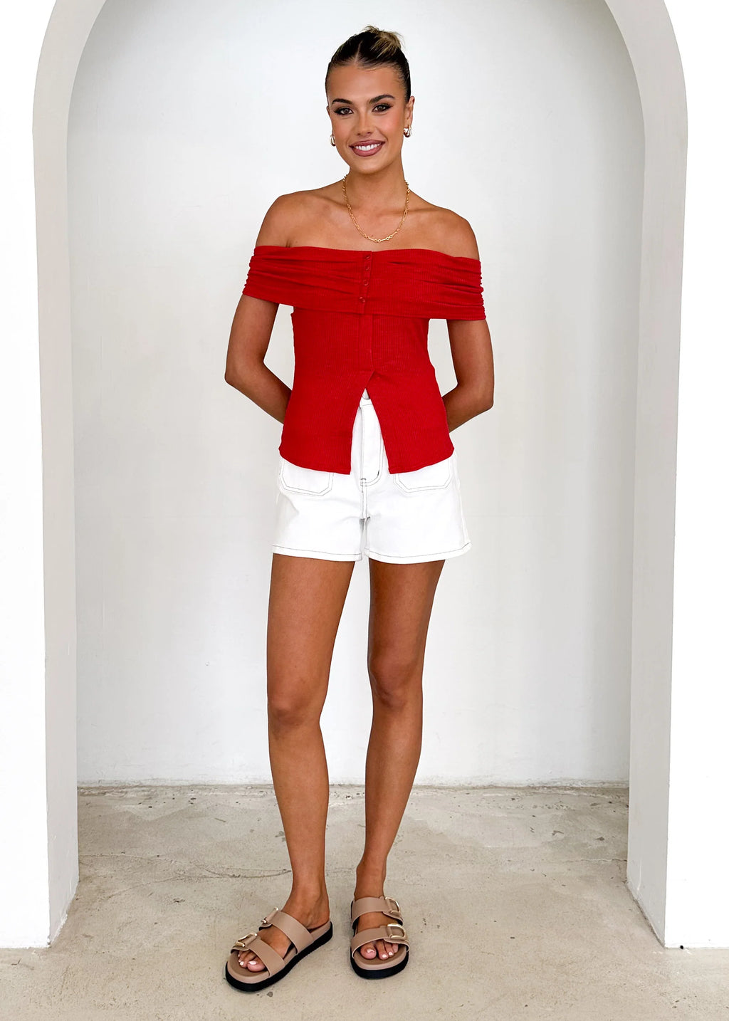 Hewitt Off Shoulder Knit Top - Red