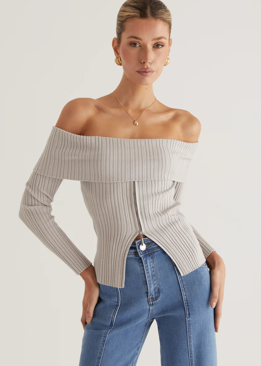 Ember Off Shoulder Knit Top - Stone