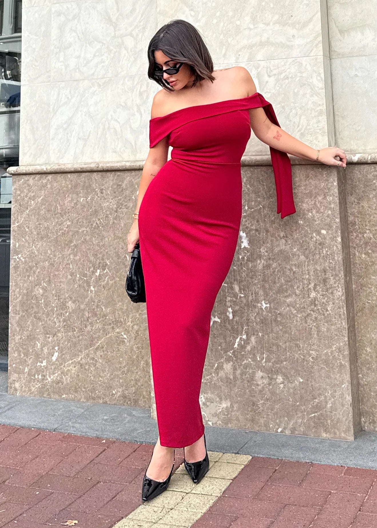 Renia Off Shoulder Maxi Dress - Cherry