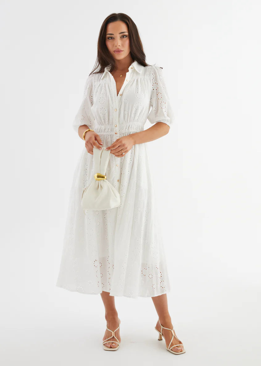 Eryn Midi Dress - White Anglaise