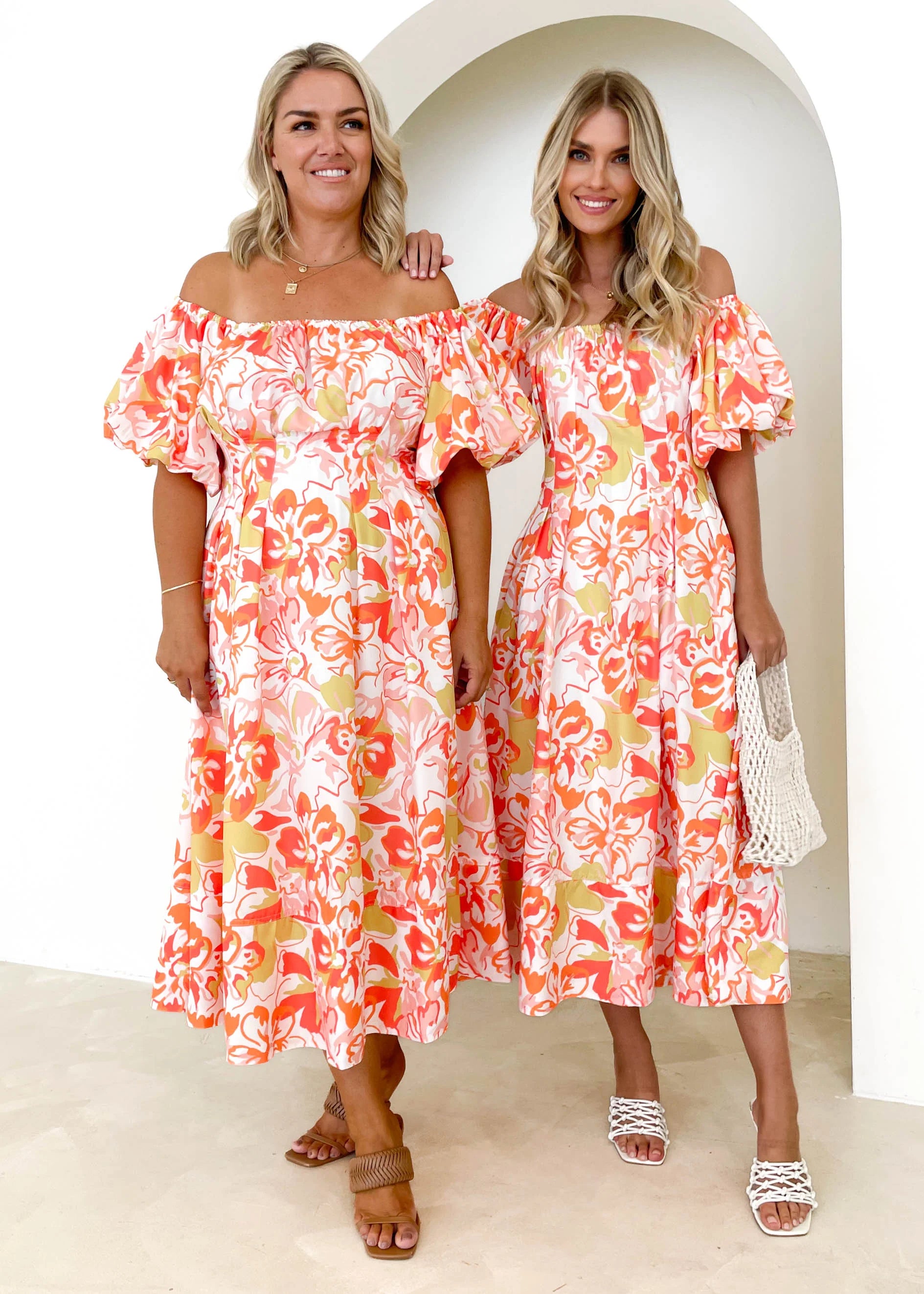 Jasmyn Off Shoulder Midi Dress - Mango Hibiscus