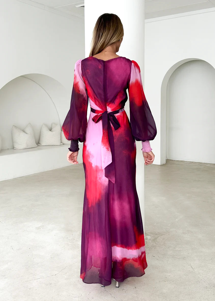 Camellia Midi Dress - Plum Tie Dye