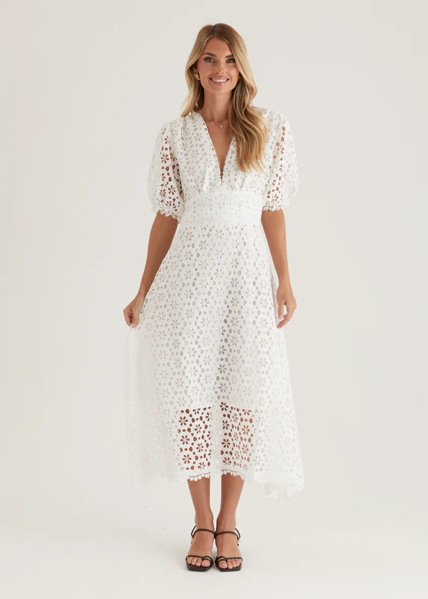 Jahra Lace Midi Dress - Off White