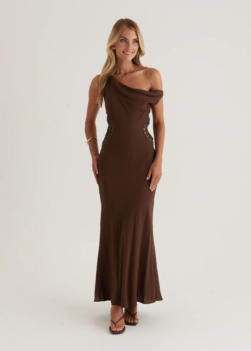 Sarai One Shoulder Maxi Dress - Chocolate