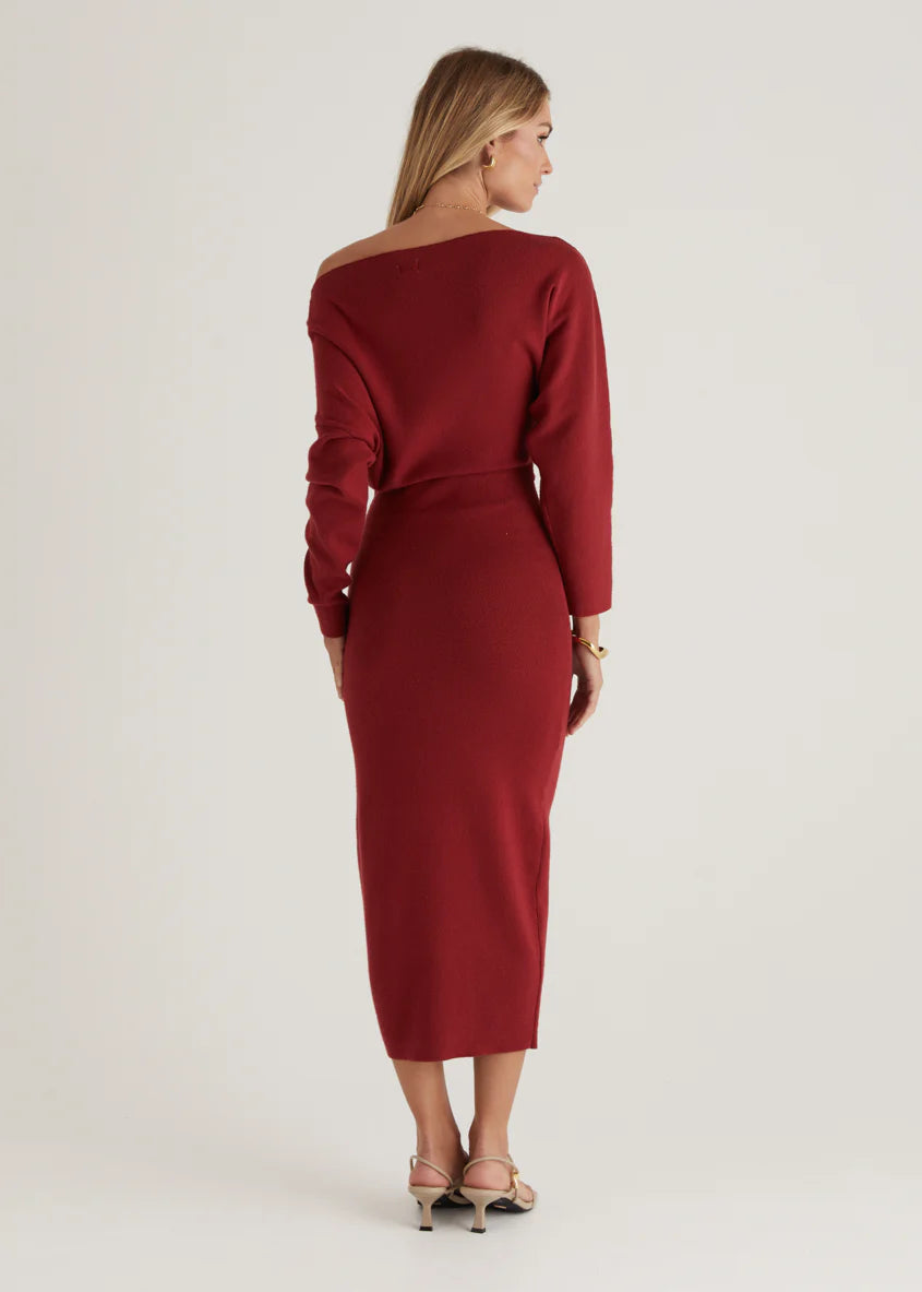 Milena Drop Shoulder Knit Midi Dress - Wine