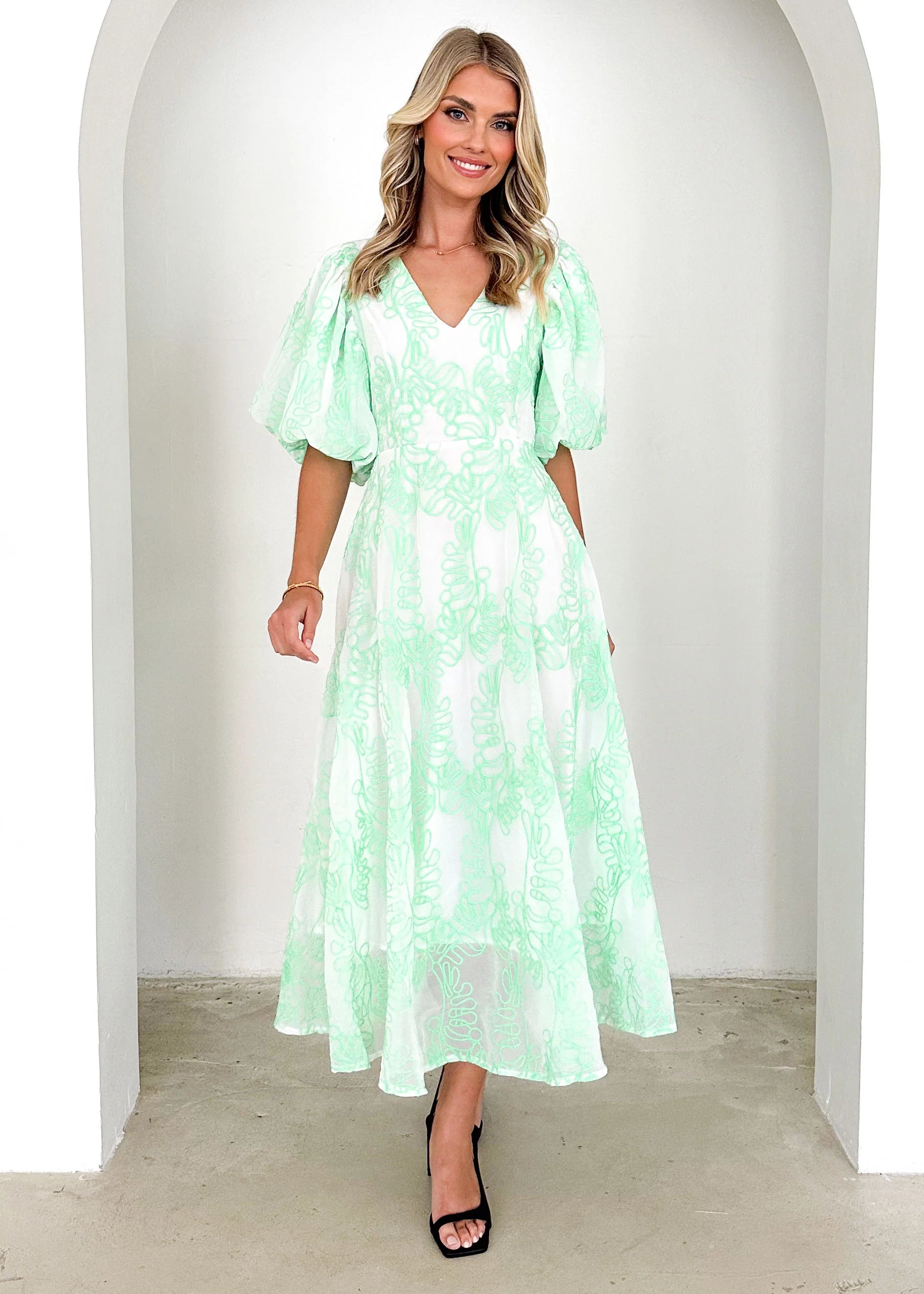 Ninetta Midi Dress - Green Embroidered