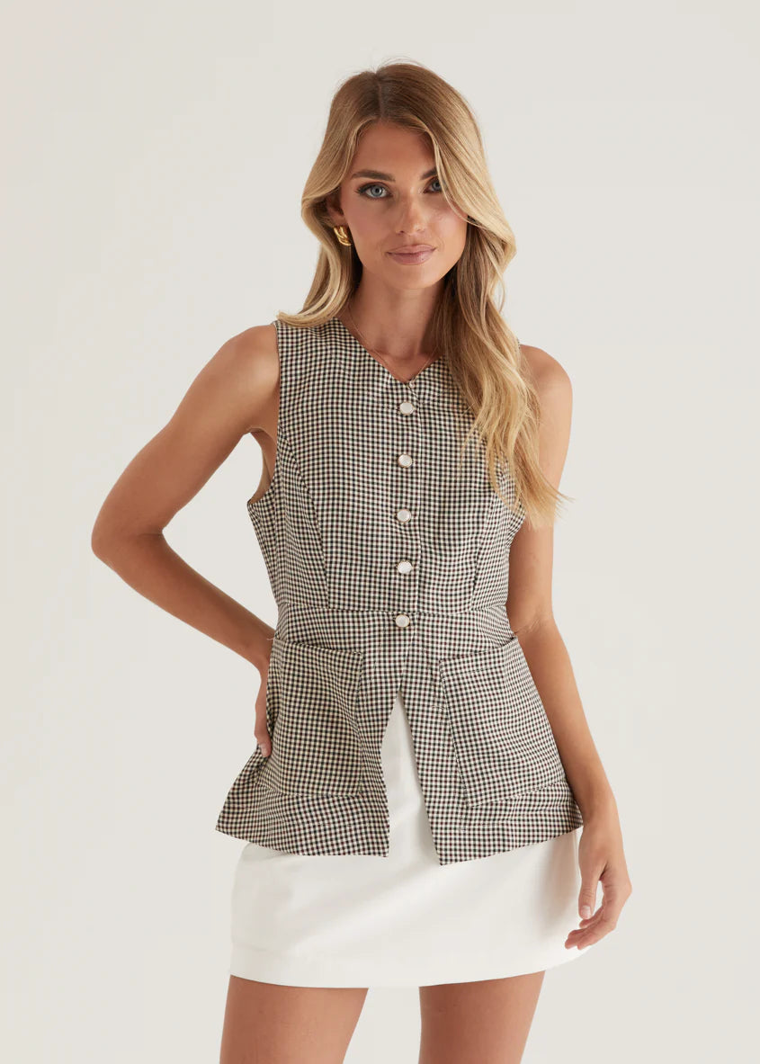 Zurich Vest Top - Brown Check