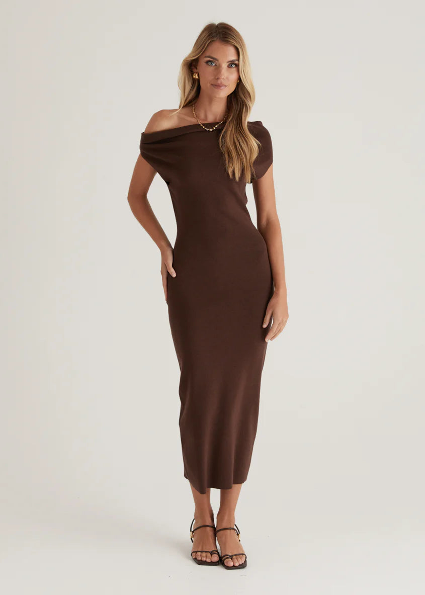Mile Drop Shoulder Knit Midi Dress - Coffee
