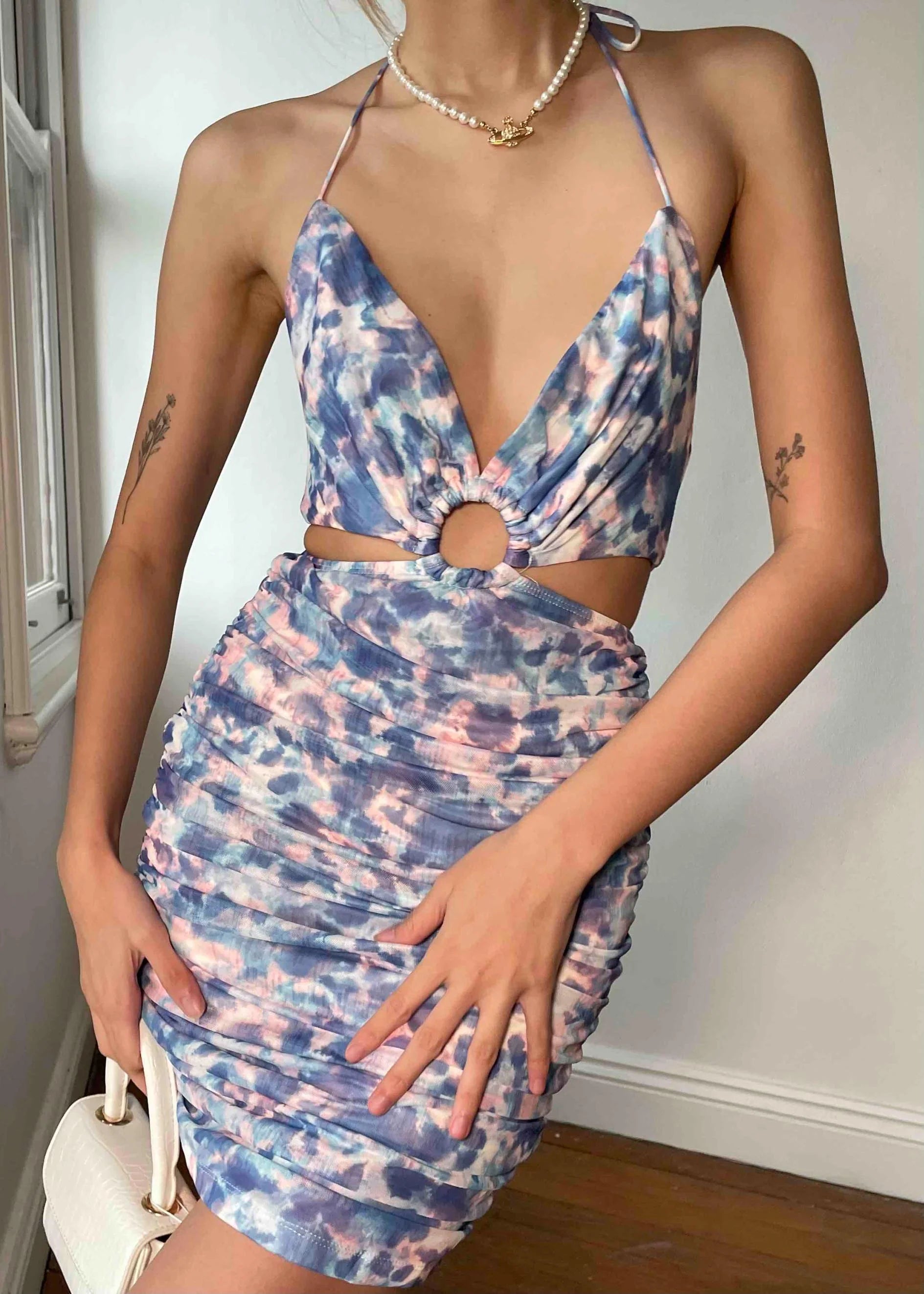 Soho Girl Cut Out Dress - Blue Watercolour